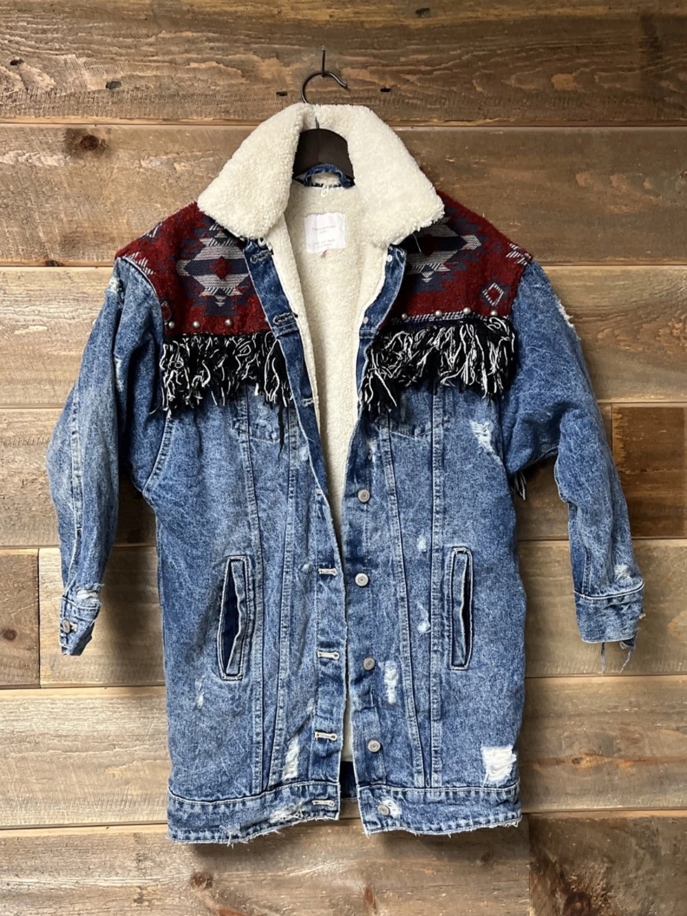 Zara trafaluc Denim Western Jacket Coat Aztec Sherpa Lined Fringe Tribal Small